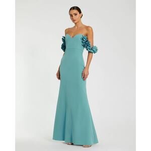 Mac Duggal 56131 Teal Crepe Off The Shoulder Gown With 3D Flowers Sz 4 NEW
